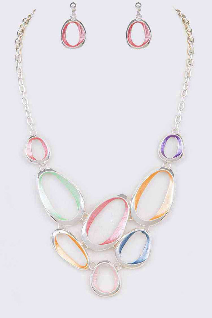 Mix Color Enamel Earring & Statement Necklace Set Silver/Multi