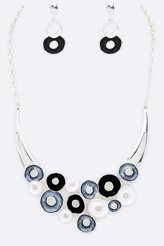 Color Enamel Statement Necklace & Earring Set Black/Silver