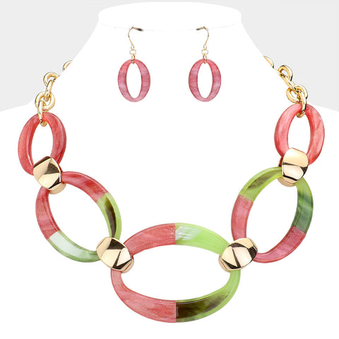 TRIXIE Celluloid Acetate Resin Open Oval Link Statement Necklace & Earring Set